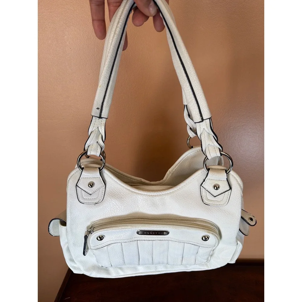 Rosetti Ivory Faux Leather Shoulder Bag Braided Strap Multi Pocket Hobo Purse